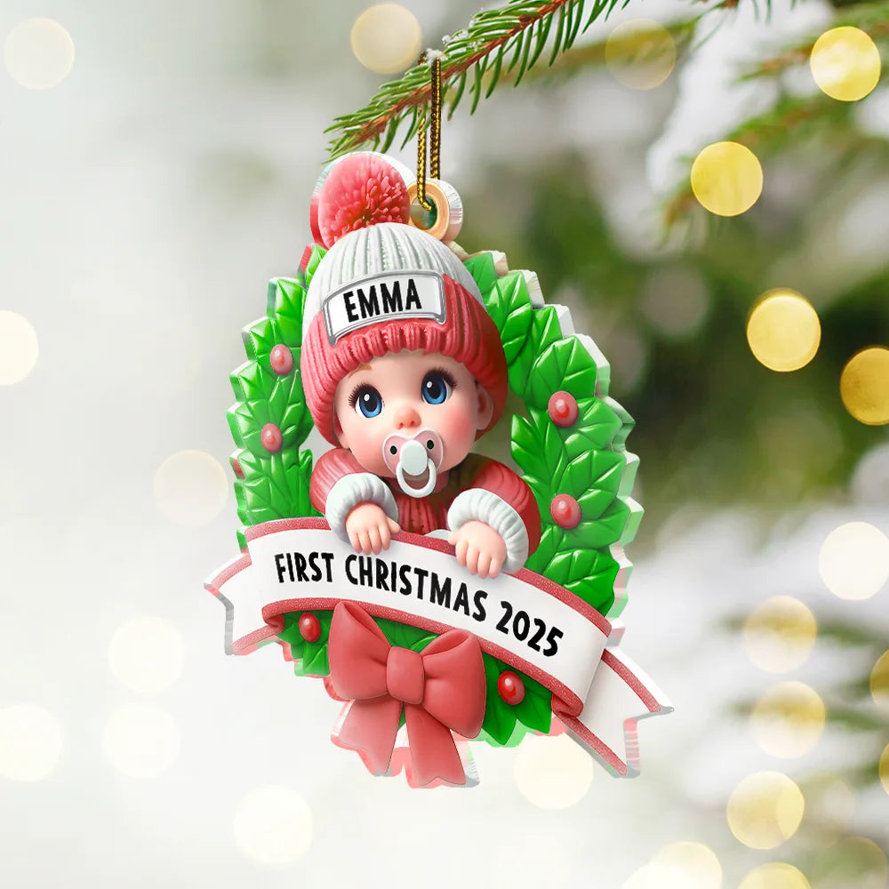Christmas,New Dad,New baby,New Mom,Family,Happy - Baby In Christmas Wreath First Christmas - Personalized Custom Shaped Acrylic Ornament