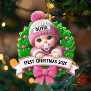 Christmas,New Dad,New baby,New Mom,Family,Happy - Baby In Christmas Wreath First Christmas - Personalized Custom Shaped Acrylic Ornament