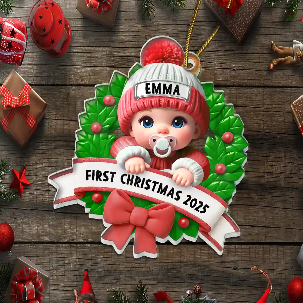Christmas,New Dad,New baby,New Mom,Family,Happy - Baby In Christmas Wreath First Christmas - Personalized Custom Shaped Acrylic Ornament