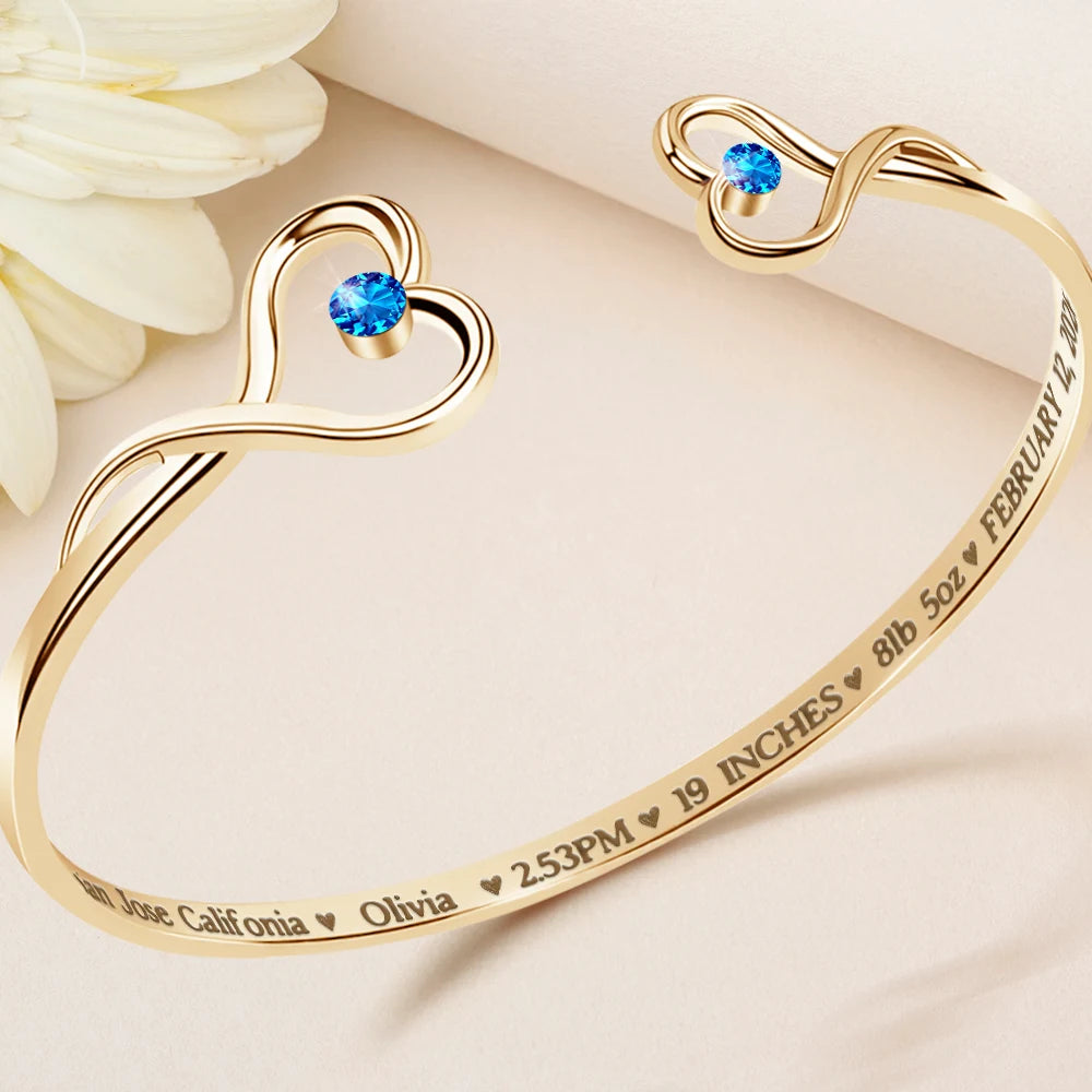 Icon,New Mom,New baby,Gift For Mother,Happy - Baby Newborn Information - Personalized Gem Heart Cuff Bracelet