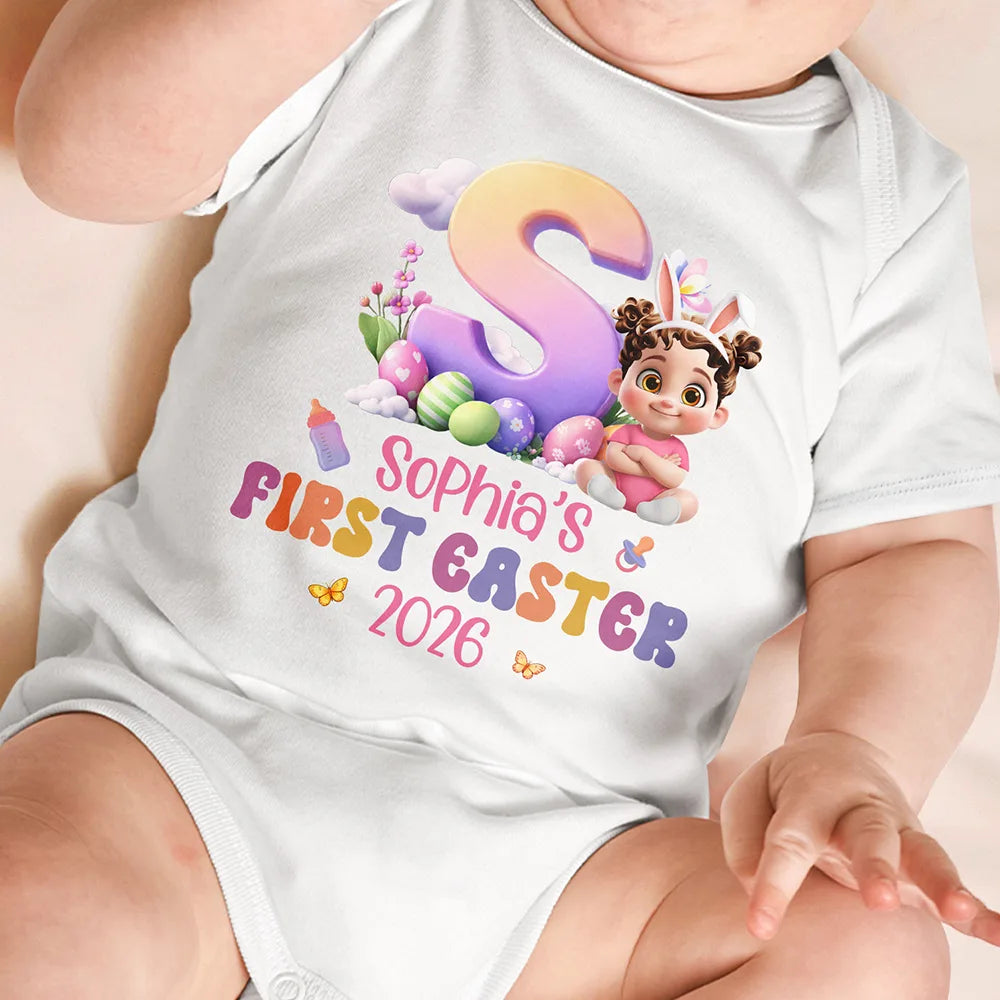 Easter,Gift For Kids,Grandma,Grandkids,Gift For Grandkids,Grandpa,Dad,Children,Mom,Happy - Baby Sitting With Easter Alphabet Letters - Personalized Baby Onesie