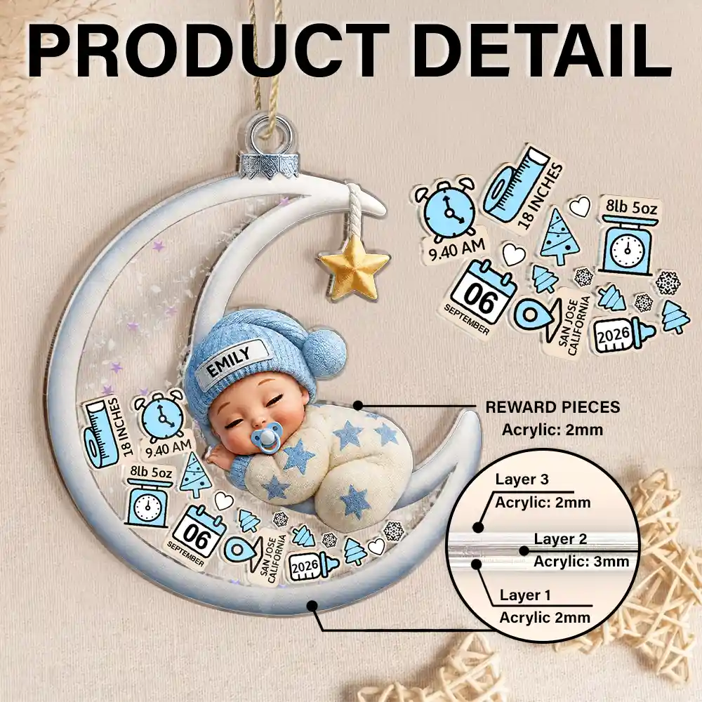 Adorable,Gift For Baby,Christmas,Icon - Baby Sleeping On The Moon First Christmas - Personalized 3-Layered Acrylic Shaker Ornament