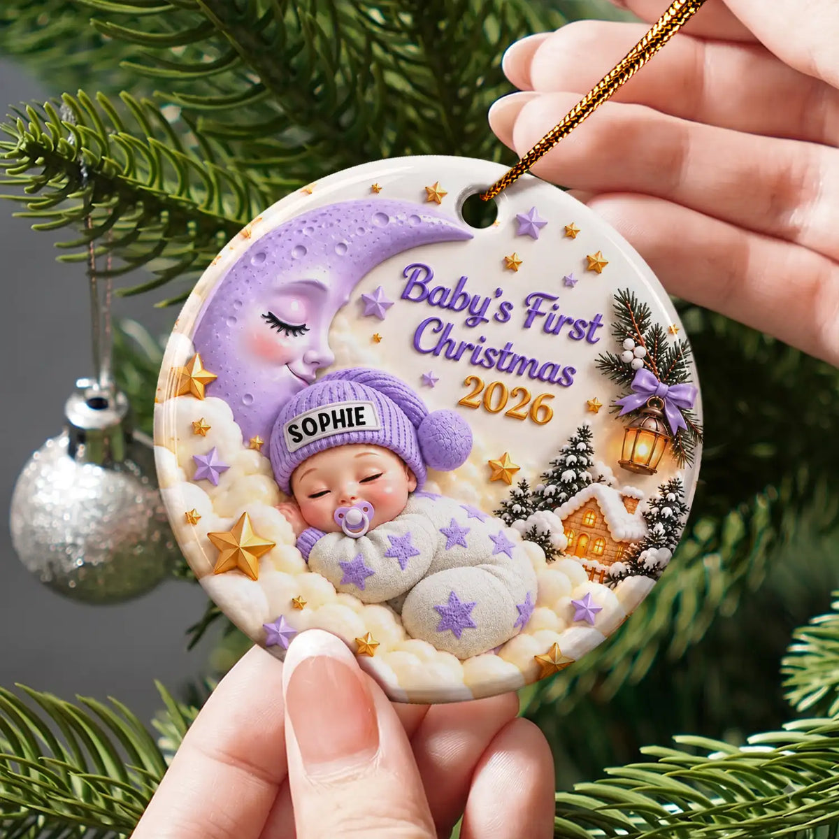 Christmas,Gift For Baby,New Baby,Sentimental,Vector - Baby's First Christmas - Personalized Sleeping Baby 3D Embossed Circle Ceramic Ornament