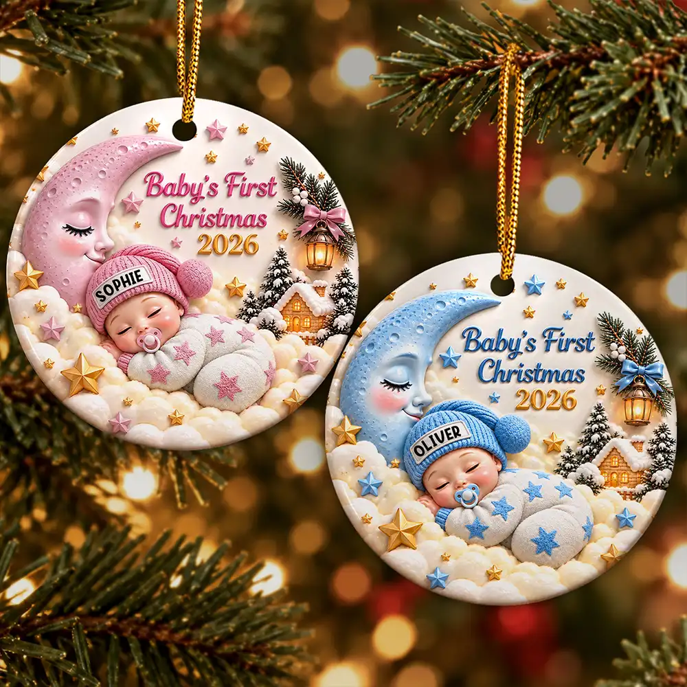 Christmas,Gift For Baby,New Baby,Sentimental,Vector - Baby's First Christmas - Personalized Sleeping Baby 3D Embossed Circle Ceramic Ornament