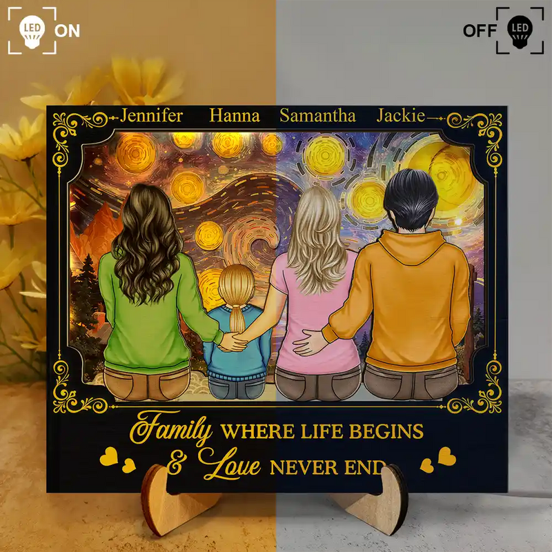 Family,Parents,Gift For Grandparents,Gift For Daughter,Gift For Son,Love - Backside Family Starry Night - Personalized LED Light Wooden Plaque