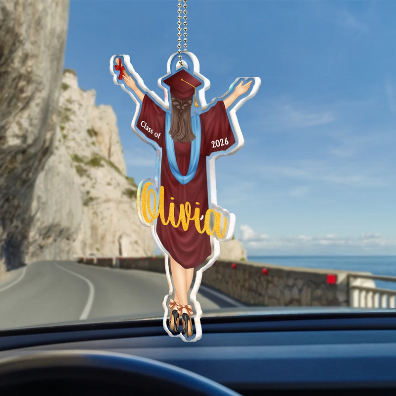 Graduation,Happy - Backside Woman Man Graduation - Personalized Acrylic Car Hanger