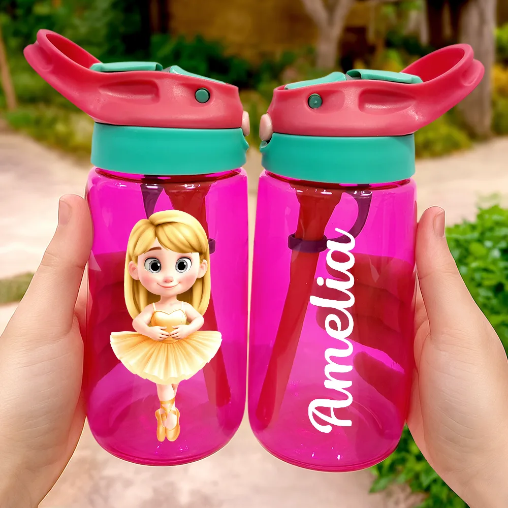 Gift For Kids,Happy - Ballerina Cute Girl 3D Effect - Personalized Kids Water Bottle With Straw