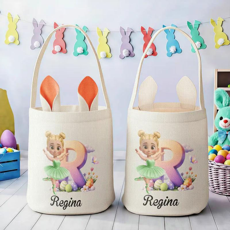 Easter, Happy, Gift For Kids, Parents - Ballerina Girl Alphabet - Personalized Bunny Ears Bucket Bag