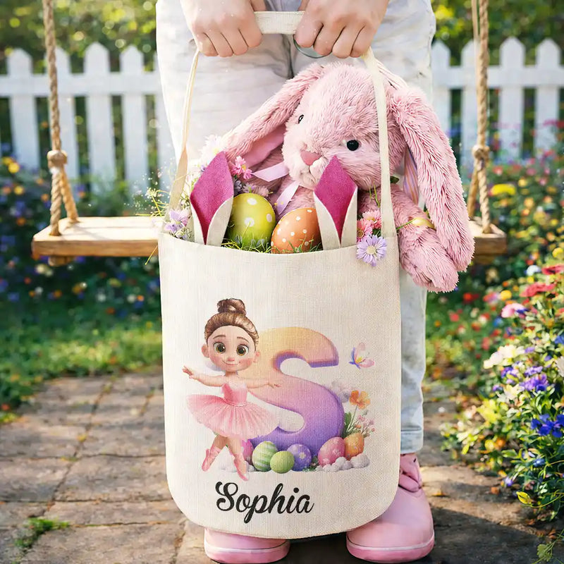 Easter, Happy, Gift For Kids, Parents - Ballerina Girl Alphabet - Personalized Bunny Ears Bucket Bag