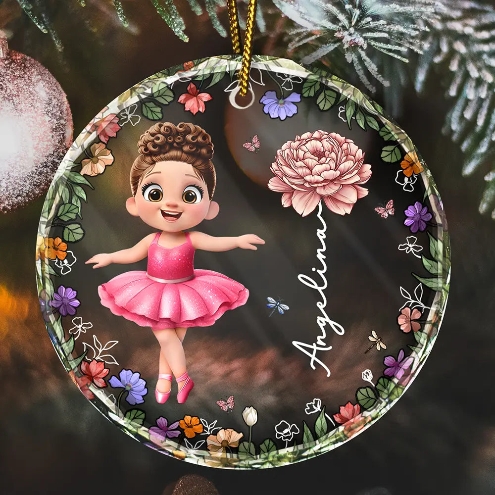 Ballet Kid Girl Birth Month Flower - Personalized Circle Glass Ornament