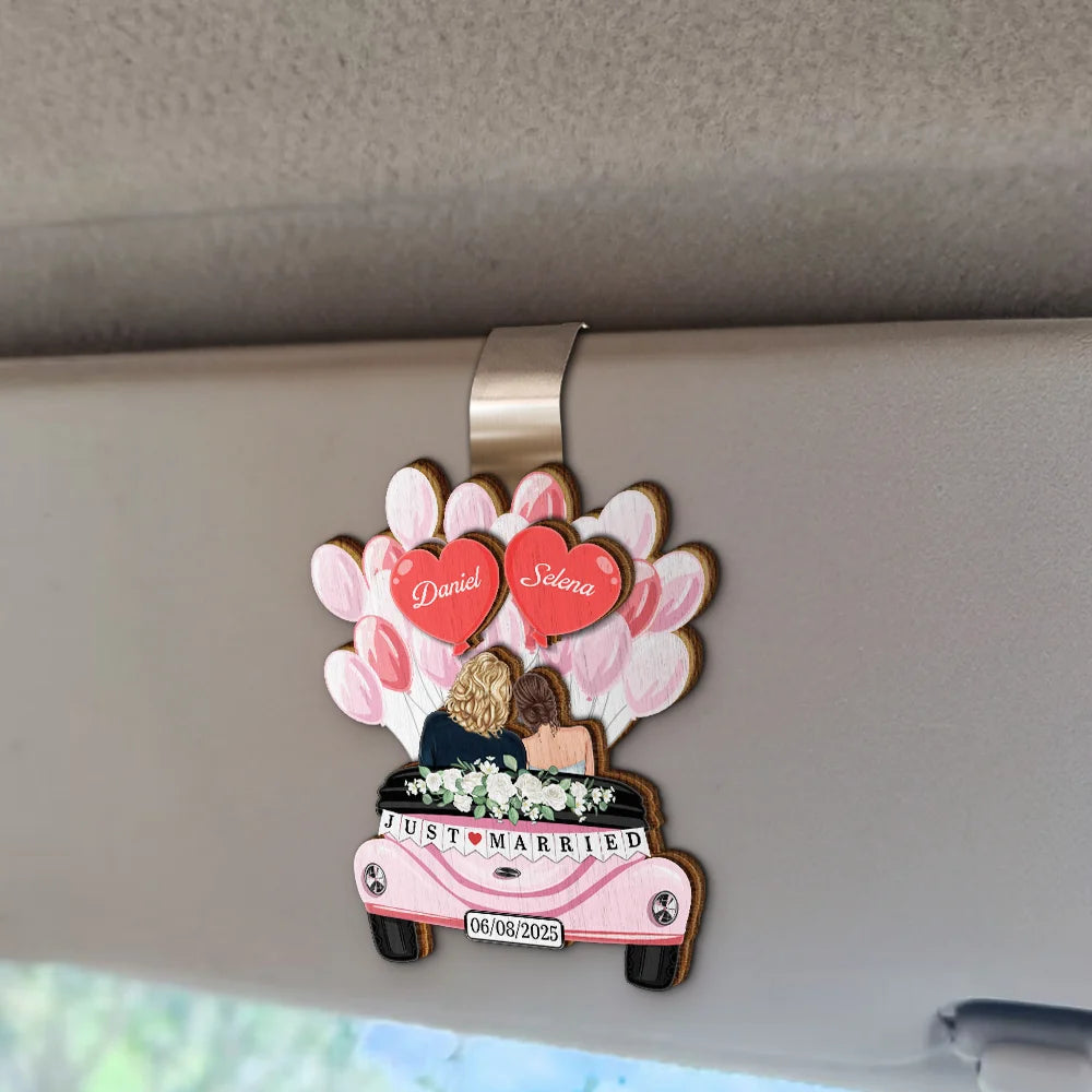 Gift For Couples,Gift For Husband,Gift For Wife,Married ,Wedding,Wedding Anniversary,Christmas,Love - Balloon Car Just Married Couple - Personalized Custom Shaped Car Visor Clip