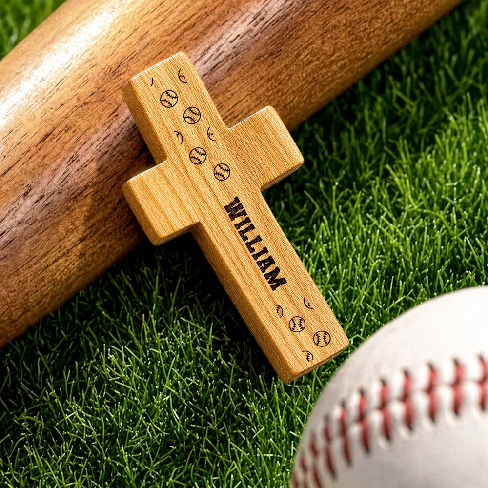 Baseball,Gift For Father,Devoted,Custom Text - Baseball Keepsake With Name - Personalized Wooden Pocket Prayer Cross