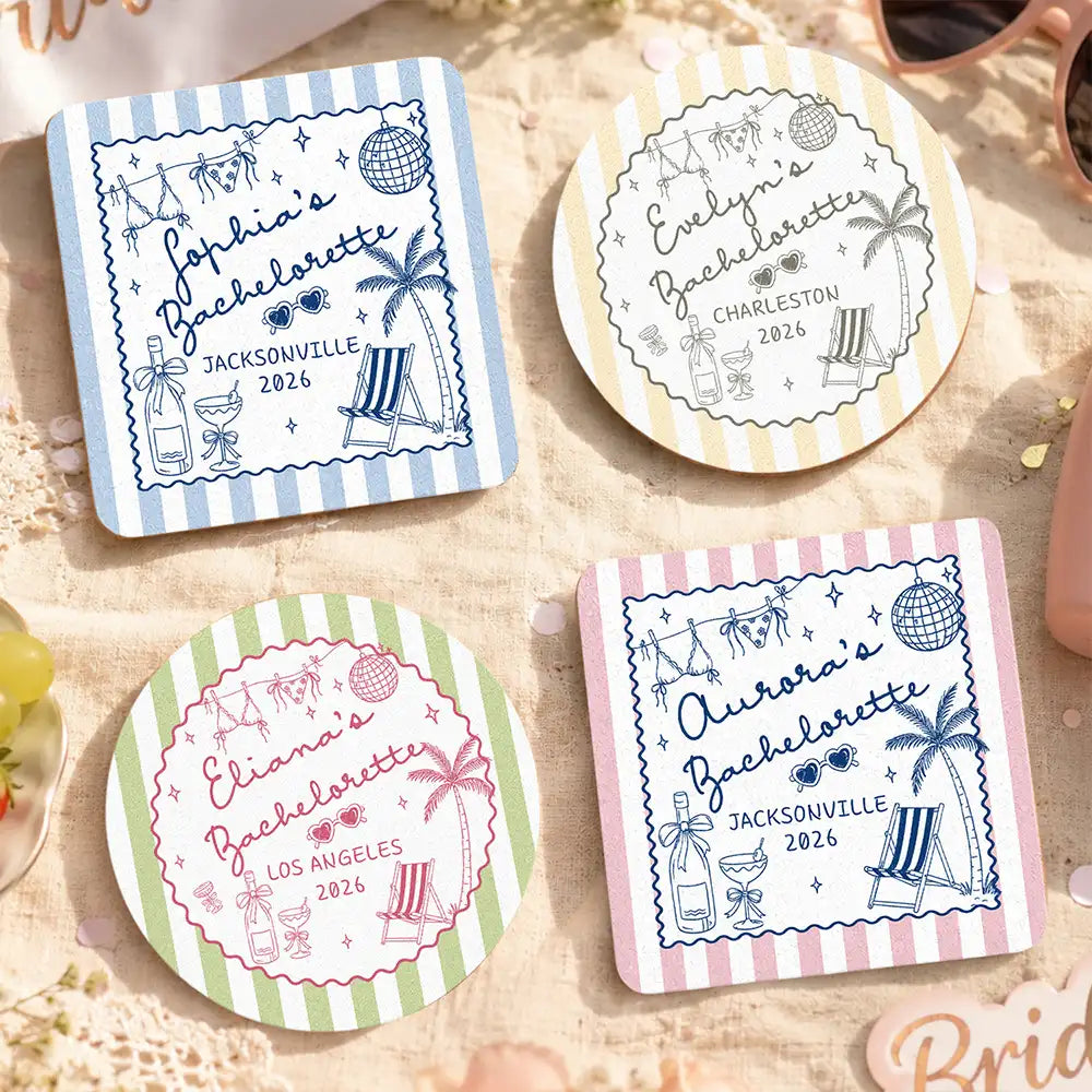 Gift For Bestie, Playful, Wedding, Custom Text - Beach Bachelorette Party - Personalized Cork Coaster