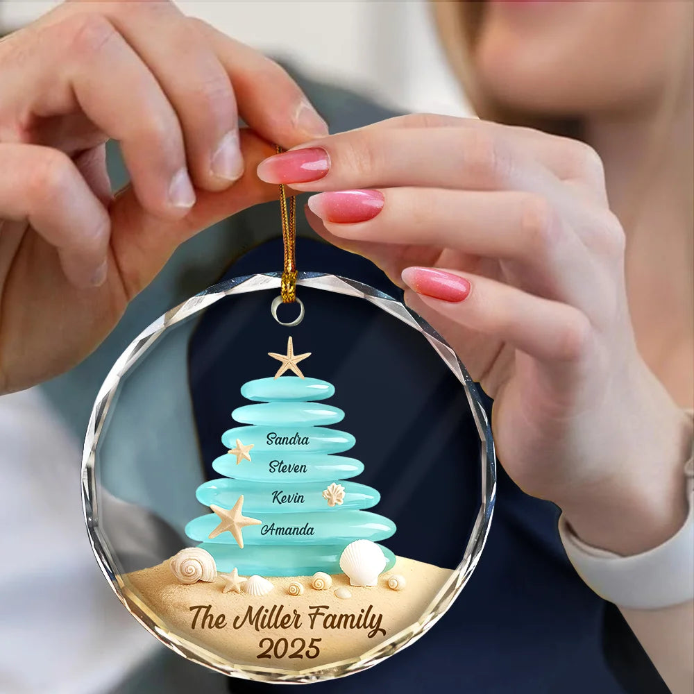 Family,Pet Lovers,Pet Mom,Pet Dad,Pet Couple,Dog Lovers,Dog Couple,Dog Mom,Dog Dad,Cat Lovers,Cat Mom,Cat Dad,Cat Couple,Happy,Single Mom,Single Dad,Gift For Grandpa,Gift For Grandma,Gift For Grandkids,Christmas,Top Market - Beach Stones Family Christmas - Personalized Circle Glass Ornament