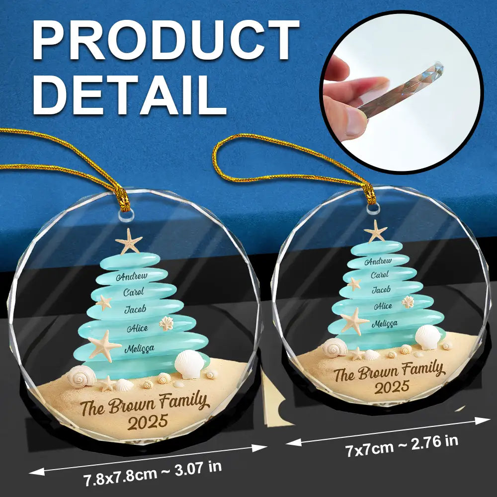 Family,Pet Lovers,Pet Mom,Pet Dad,Pet Couple,Dog Lovers,Dog Couple,Dog Mom,Dog Dad,Cat Lovers,Cat Mom,Cat Dad,Cat Couple,Happy,Single Mom,Single Dad,Gift For Grandpa,Gift For Grandma,Gift For Grandkids,Christmas,Top Market - Beach Stones Family Christmas - Personalized Circle Glass Ornament