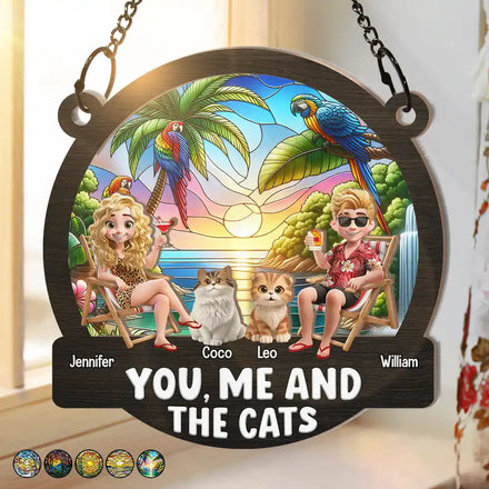 Beach You, Me And The Cats - Personalized Window Hanging Suncatcher Ornament