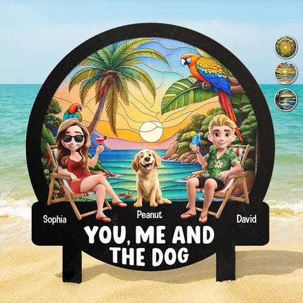 Beach You, Me And The Dog Cat - Personalized Metal Garden Stake