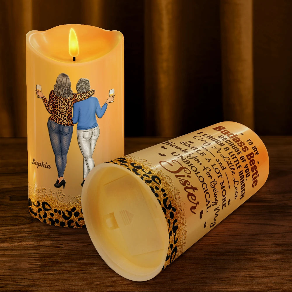 Gift For Sisters,Gift For Bestie,Old Best friends,Happy - Because Of You I Laugh A Little Harder - Personalized Flameless LED Candle