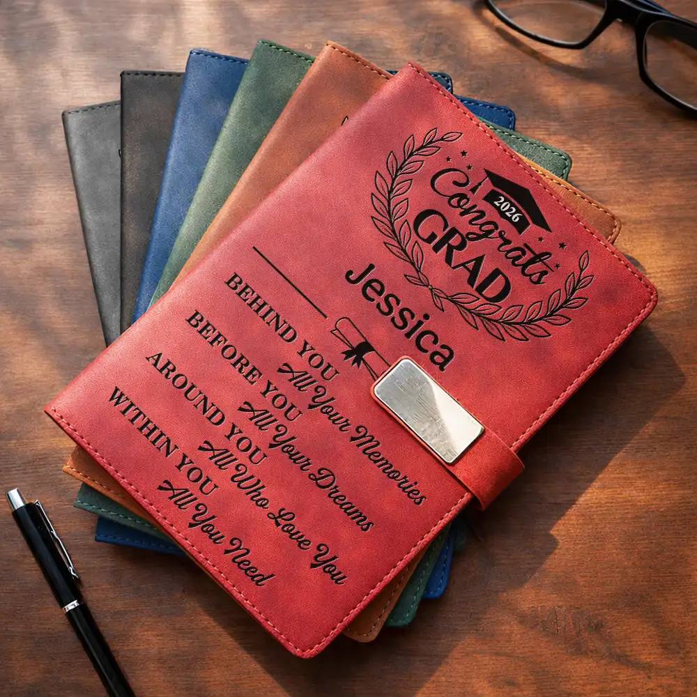 Graduation,Happy,Gift For Yourself,Gift For Women,Gift For Men,Gift For Daughter,Gift For Son,Gift For Sisters,Gift For Sibling,Gift For Brothers,Gift For Bestie - Behind You All Memories Congrats Grad - Personalized Leather Notebook Set