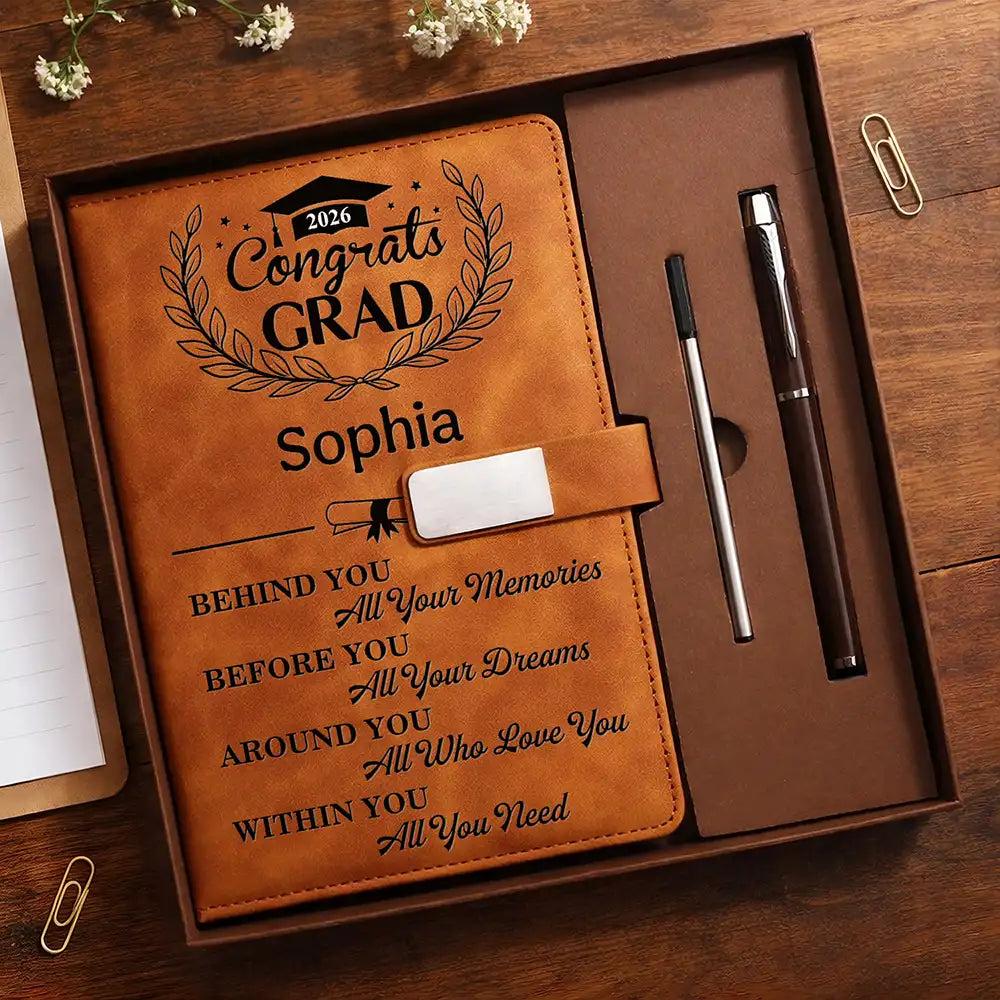 Behind You All Memories Congrats Grad - Personalized Leather Notebook Set