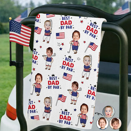 Custom Photo Best Dad By Par Funny Kid US Flag - Personalized Golf Towel