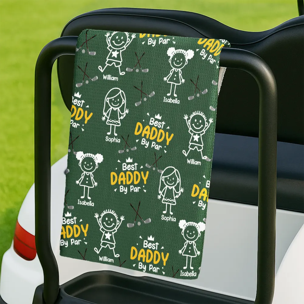 Happy, Golf, Dad's Hobby, Sport Dad, Gift For Father, Gift For Grandpa, Grandpa's Hobby, Gift For Husband - Best Dad By Par Stick Figures Kid Pet - Personalized Golf Towel