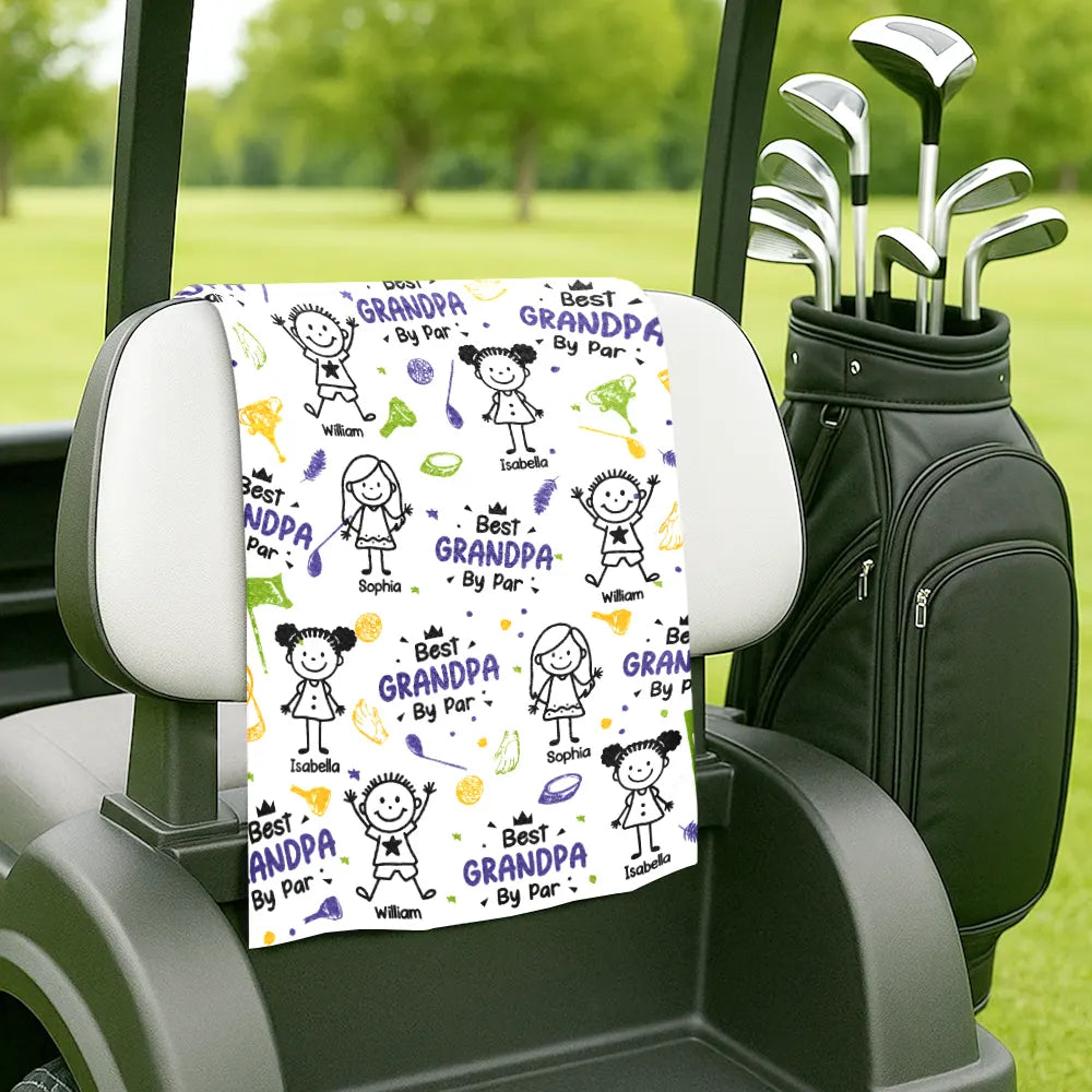 Happy, Golf, Dad's Hobby, Sport Dad, Gift For Father, Gift For Grandpa, Grandpa's Hobby, Gift For Husband - Best Dad By Par Stick Figures Kid Pet - Personalized Golf Towel