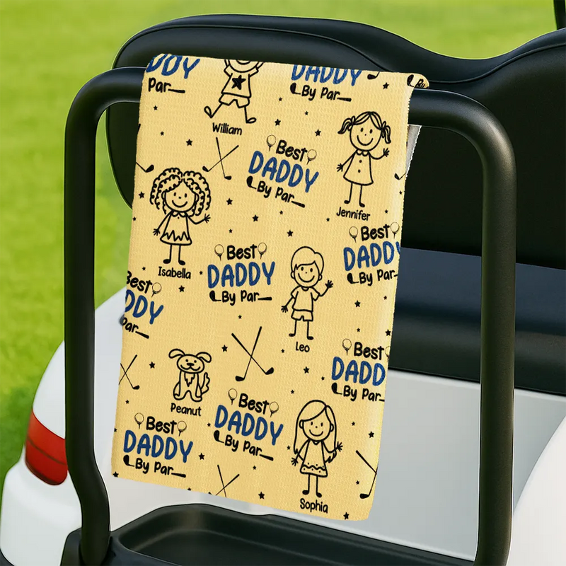 Happy,Golf,Dad's Hobby,Sport Dad,Gift For Father,Gift For Grandpa,Grandpa's Hobby,Gift For Husband - Best Dad By Par Stick Figures Kid & Pet - Personalized Golf Towel