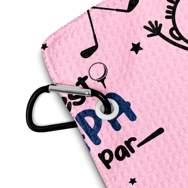 Happy,Golf,Dad's Hobby,Sport Dad,Gift For Father,Gift For Grandpa,Grandpa's Hobby,Gift For Husband - Best Dad By Par Stick Figures Kid & Pet - Personalized Golf Towel