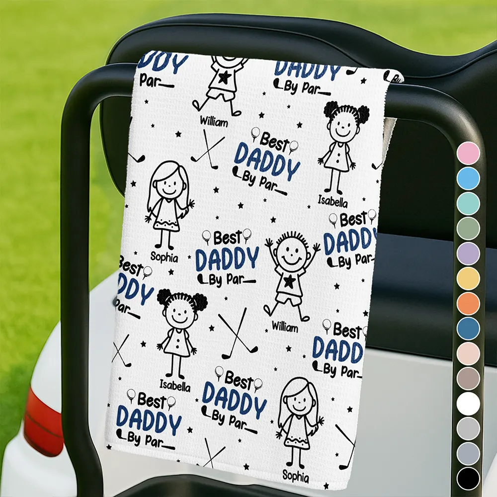 Happy,Golf,Dad's Hobby,Sport Dad,Gift For Father,Gift For Grandpa,Grandpa's Hobby,Gift For Husband - Best Dad By Par Stick Figures Kid & Pet - Personalized Golf Towel