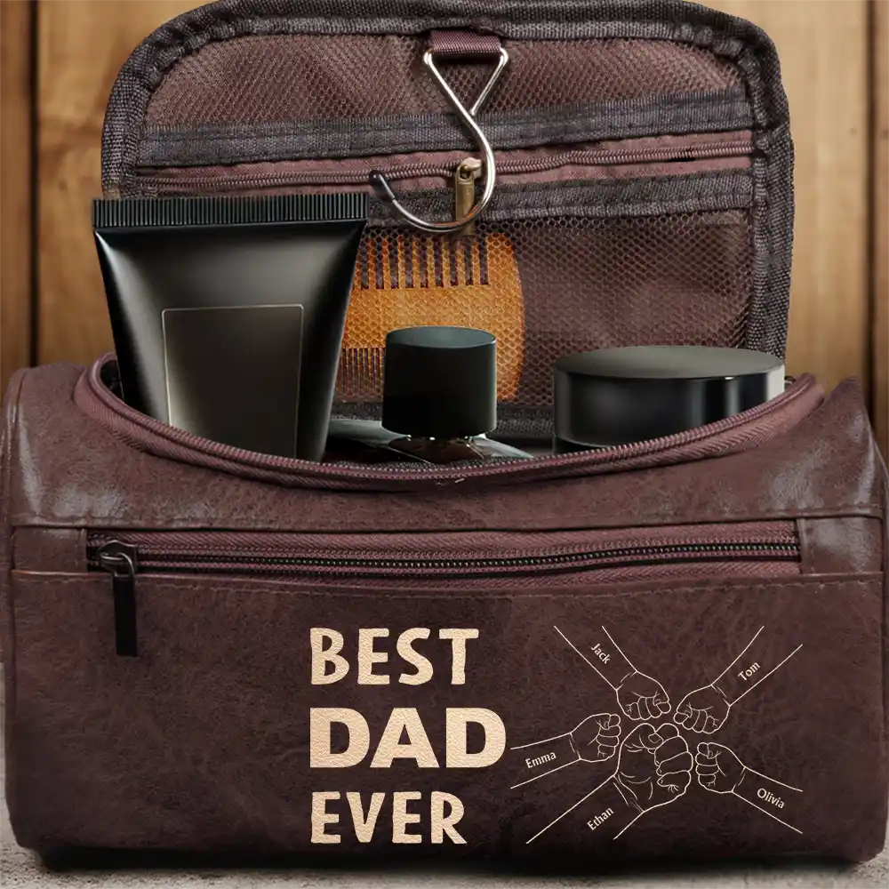 Best Dad Ever Fist Bump - Personalized Leather Toiletry Bag