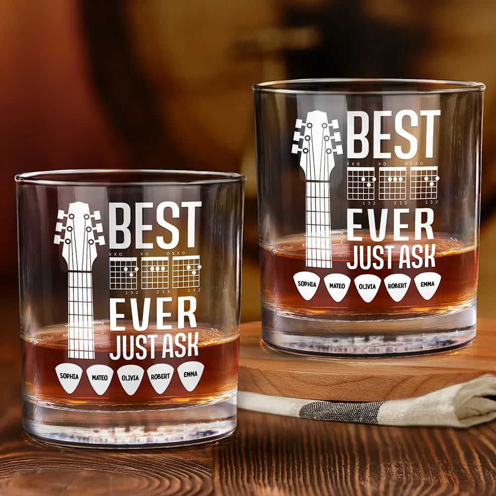 Best Dad Ever Guitar Headstock Custom Kid Names - Personalized Whiskey Glass