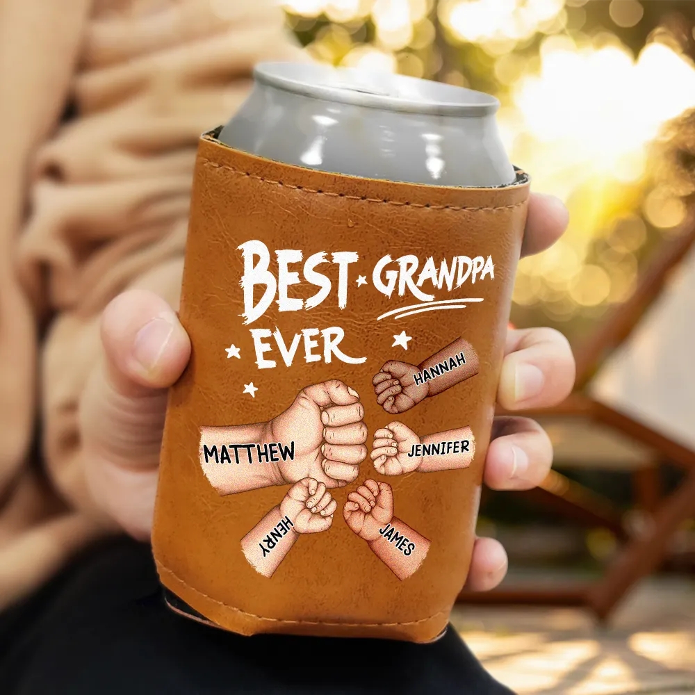 Gift For Father,Gift For Grandpa,Gift For Husband,Gift For Men,Happy - Best Dad Grandpa Ever - Personalized Leather Can Cooler