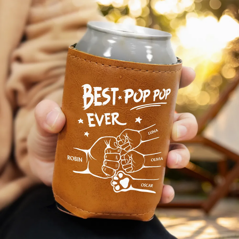 Gift For Father,Gift For Grandpa,Gift For Husband,Gift For Men,Happy - Best Dad Grandpa Ever Sketch - Personalized Leather Can Cooler