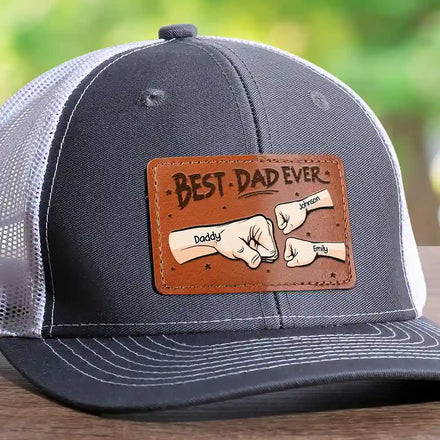 Best Dad Grandpa Hand Punch Side View - Personalized Leather Patch Hat
