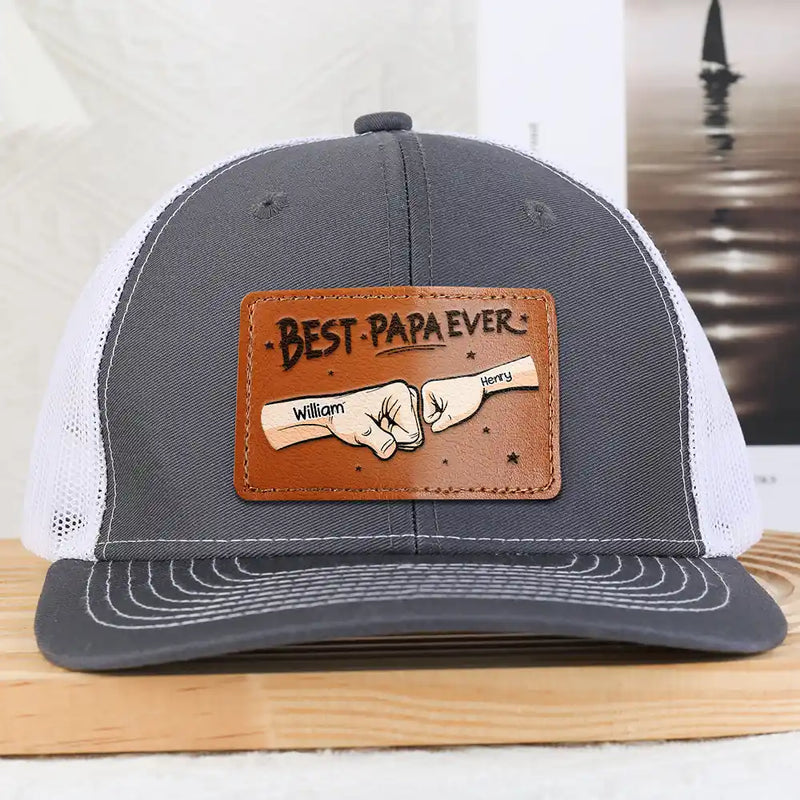 Gift For Father,Gift For Grandpa,Happy - Best Dad Grandpa Hand Punch Side View - Personalized Leather Patch Hat