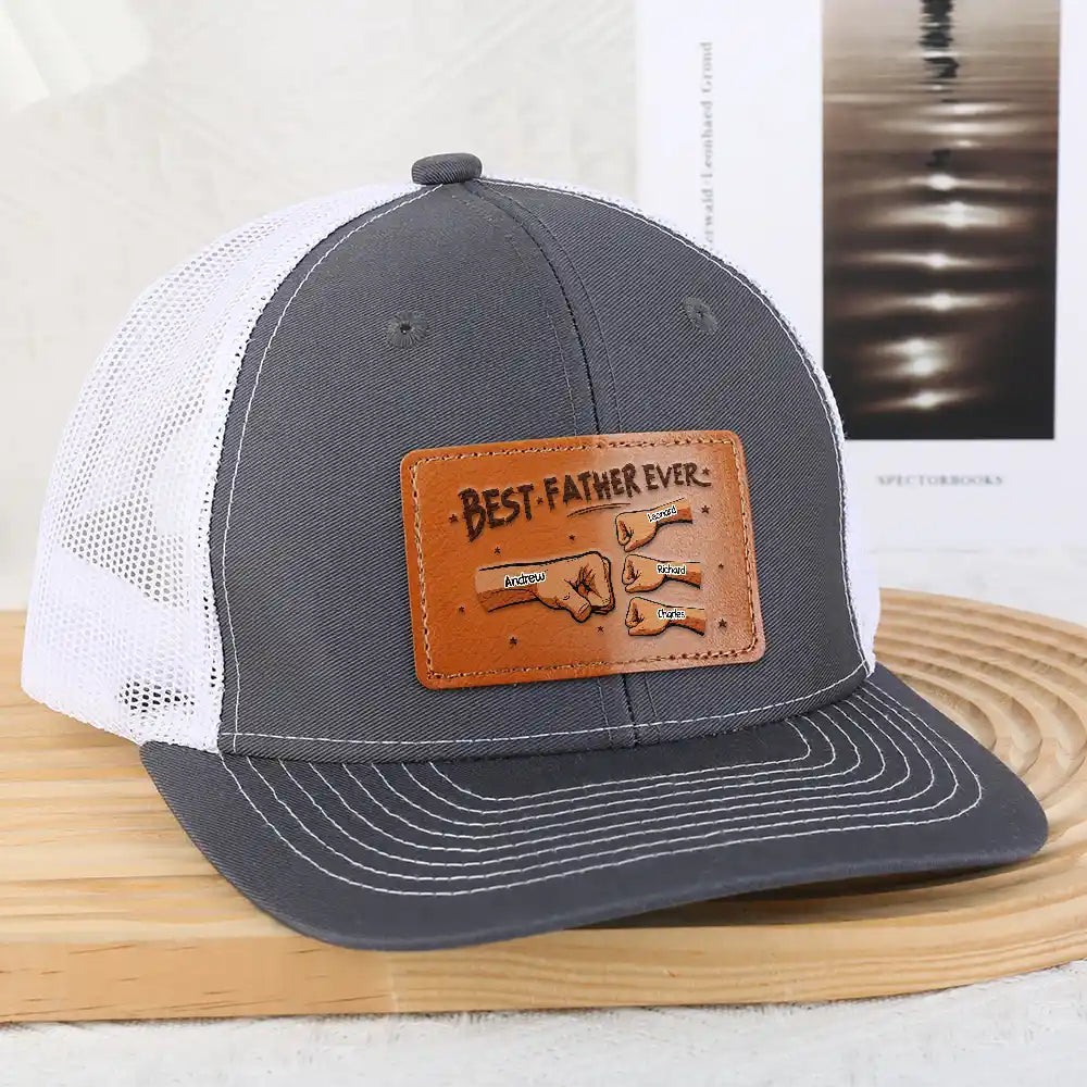 Gift For Father,Gift For Grandpa,Happy - Best Dad Grandpa Hand Punch Side View - Personalized Leather Patch Hat