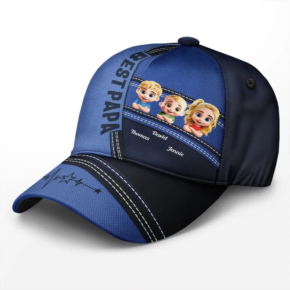 Dad - Children,Grandpa - Grandkids,Gift For Grandpa,Gift For Father,Happy - Best Dad Grandpa Papa Cute Kids Printed Leather Effect - Personalized Classic Cap