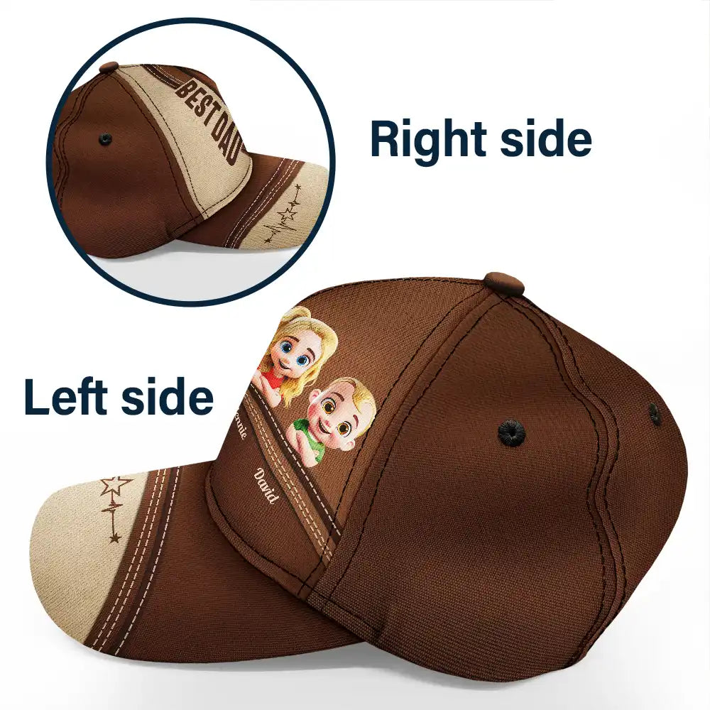 Dad - Children,Grandpa - Grandkids,Gift For Grandpa,Gift For Father,Happy - Best Dad Grandpa Papa Cute Kids Printed Leather Effect - Personalized Classic Cap