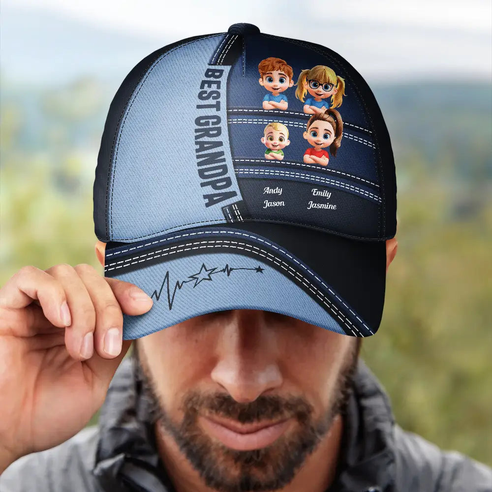 Dad - Children,Grandpa - Grandkids,Gift For Grandpa,Gift For Father,Happy - Best Dad Grandpa Papa Cute Kids Printed Leather Effect - Personalized Classic Cap