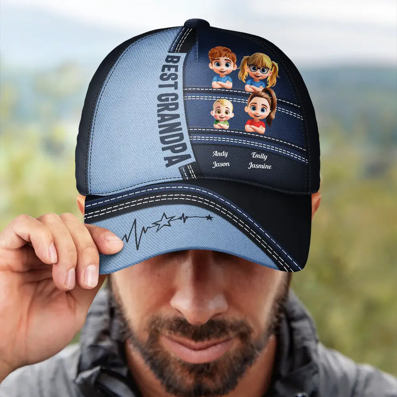 Dad - Children,Grandpa - Grandkids,Gift For Grandpa,Gift For Father,Happy - Best Dad Grandpa Papa Cute Kids Printed Leather Effect - Personalized Classic Cap