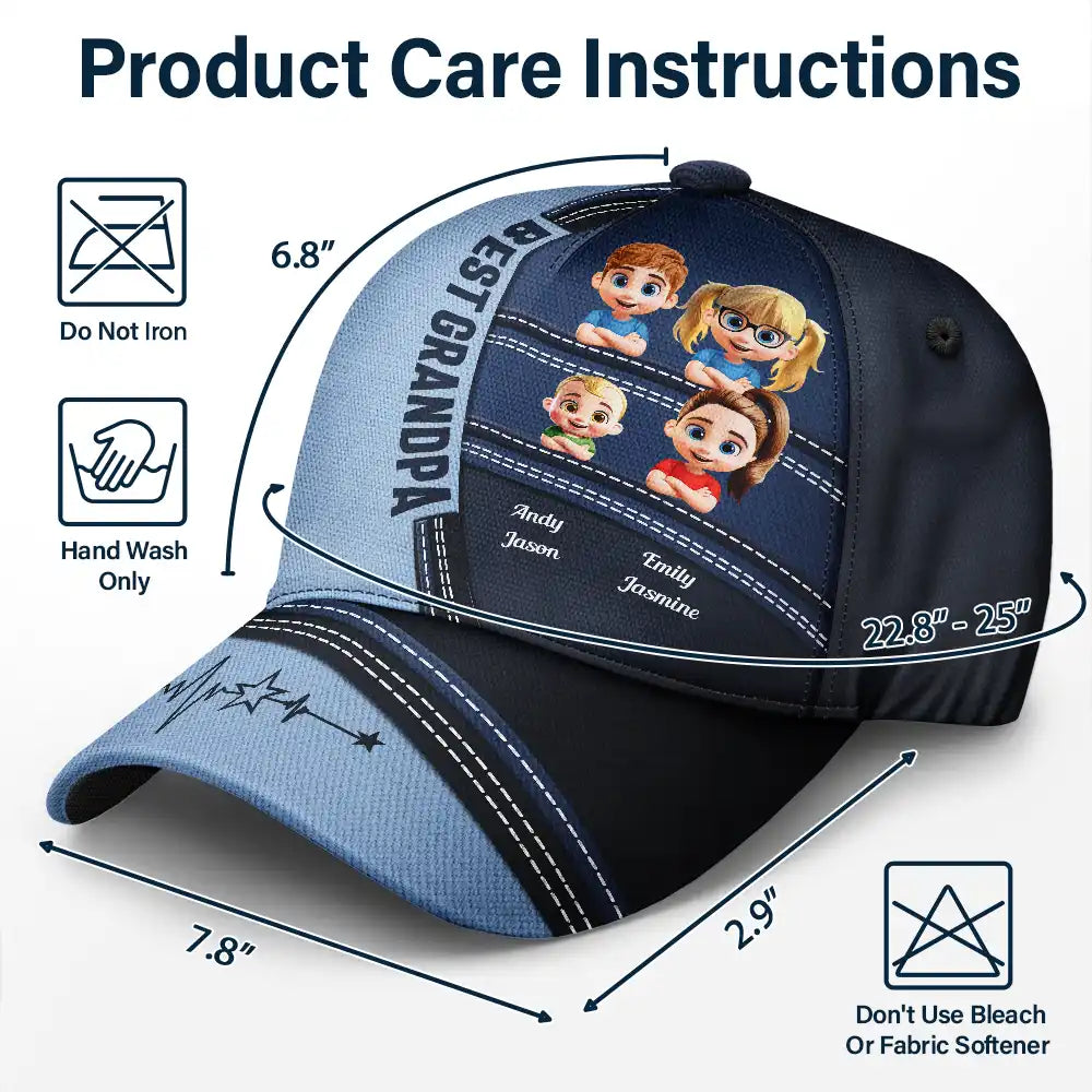Dad - Children,Grandpa - Grandkids,Gift For Grandpa,Gift For Father,Happy - Best Dad Grandpa Papa Cute Kids Printed Leather Effect - Personalized Classic Cap