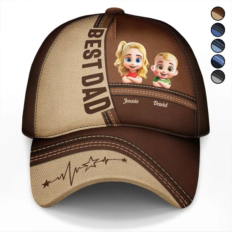 Dad - Children,Grandpa - Grandkids,Gift For Grandpa,Gift For Father,Happy - Best Dad Grandpa Papa Cute Kids Printed Leather Effect - Personalized Classic Cap