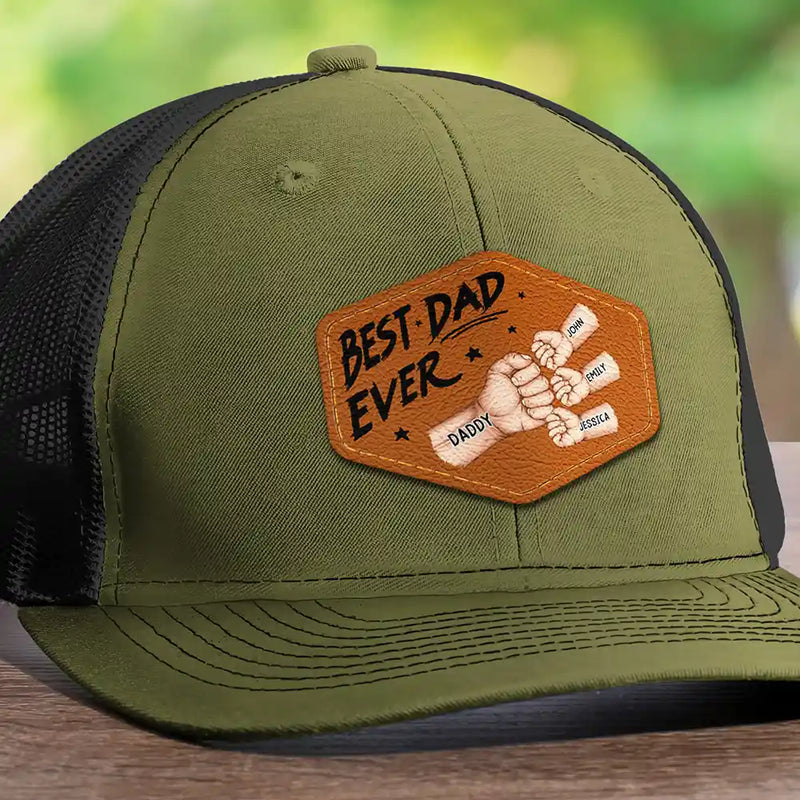 Gift For Father,Gift For Grandpa - Best Dad Grandpa Papa Ever Fist Bump - Personalized Leather Patch Hat