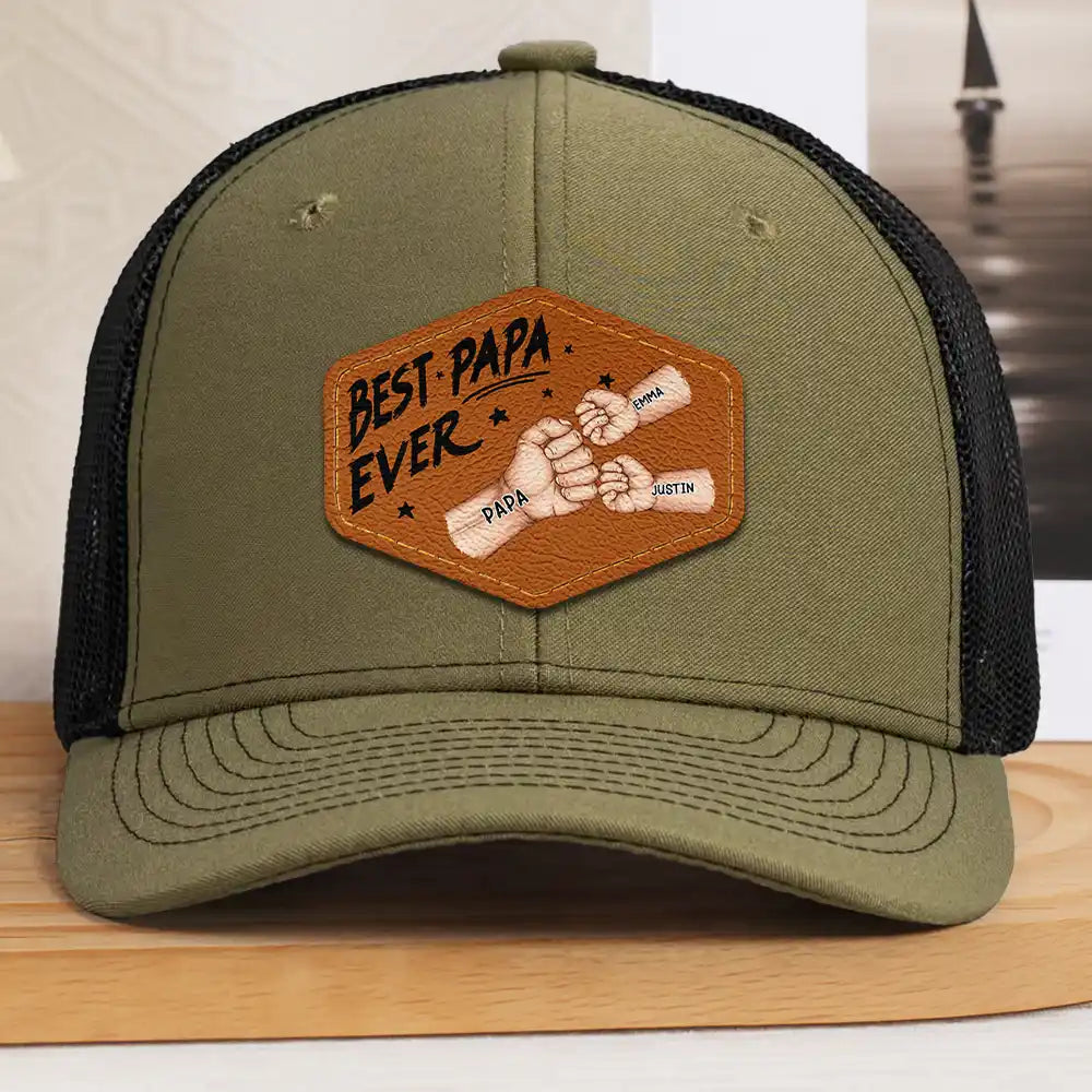 Gift For Father,Gift For Grandpa - Best Dad Grandpa Papa Ever Fist Bump - Personalized Leather Patch Hat