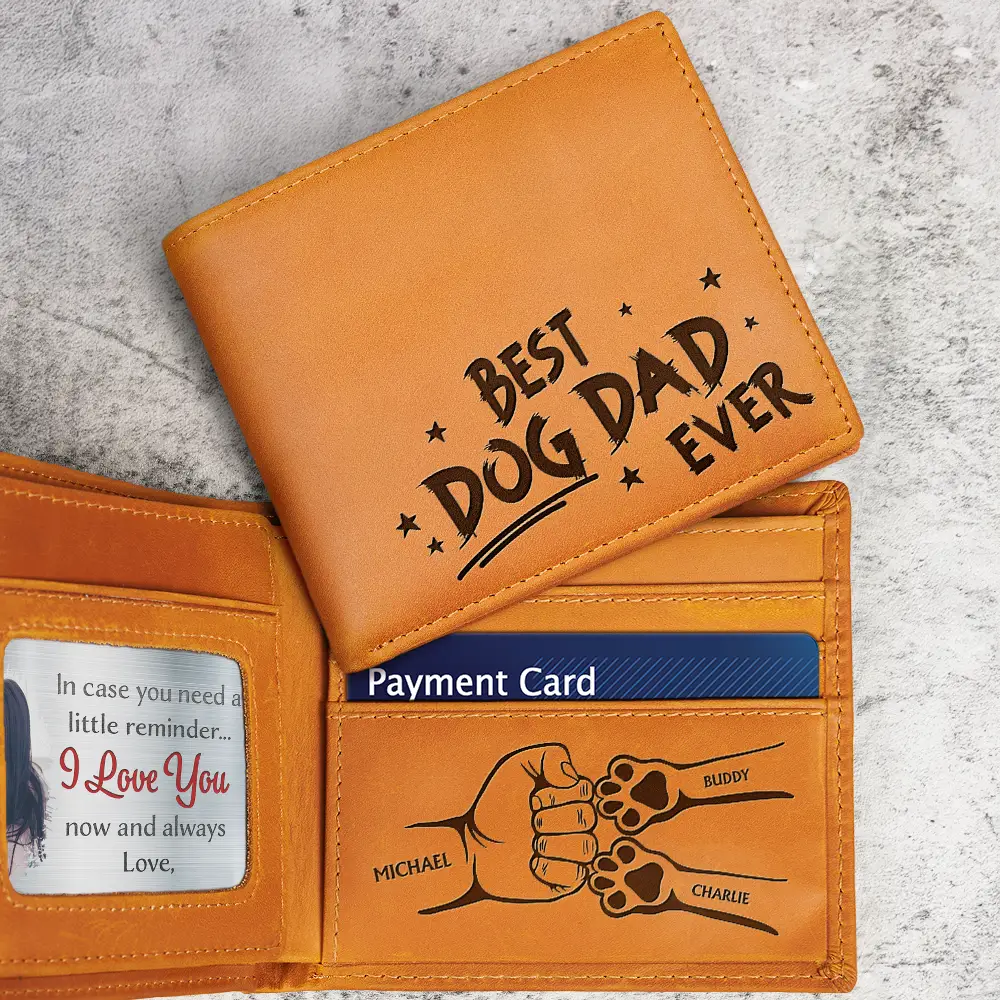 Best Dog Dad Ever Hand Punch - Personalized Engraved Leather Wallet