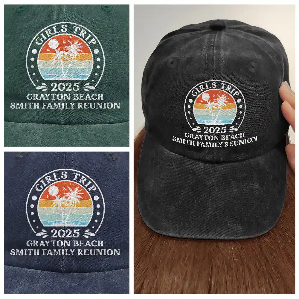 Travel,Summer,Beach,Gift For Bestie,Family,Gift For Sibling - Bestie Family Vacation - Personalized Vintage Washed Denim Cap