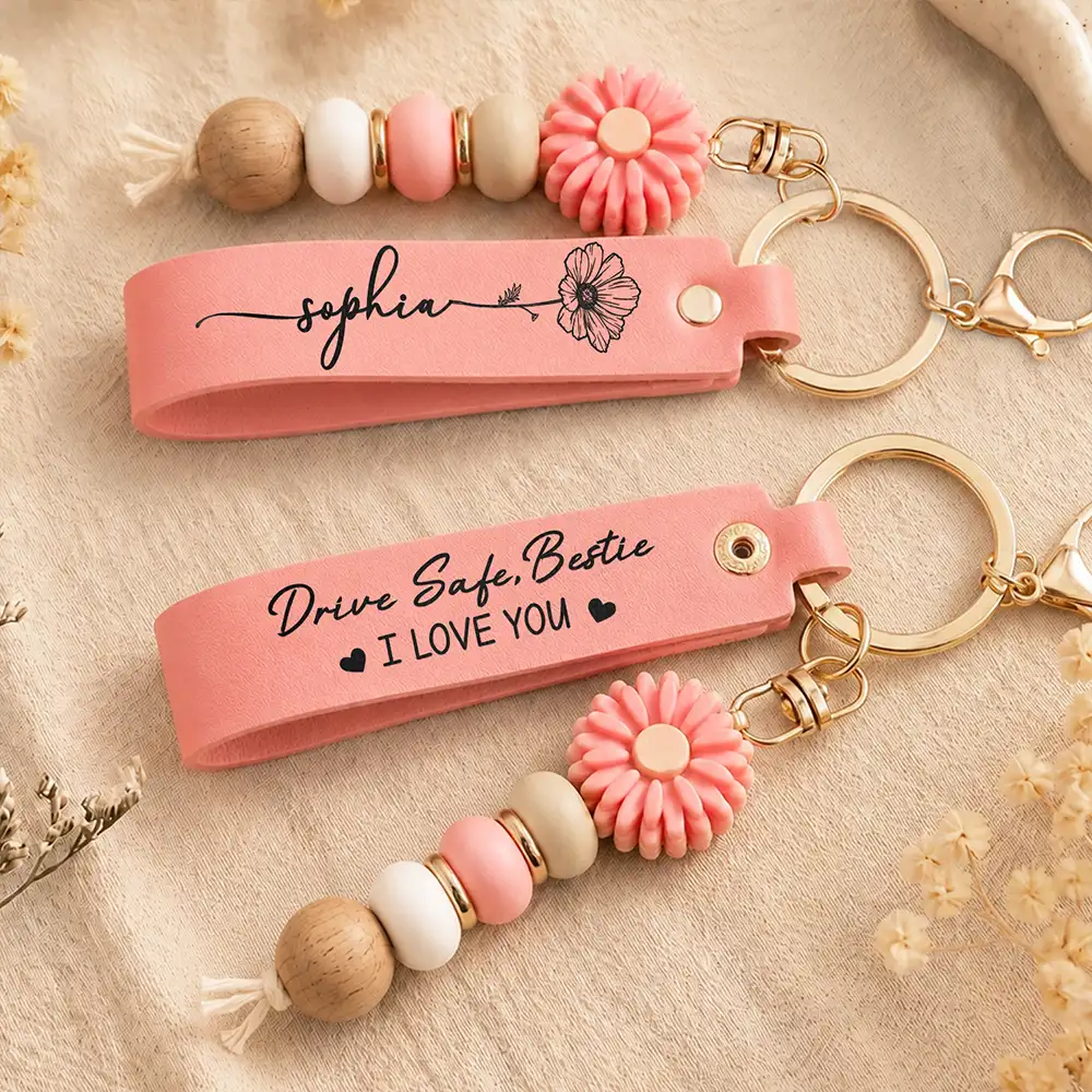 Gift For Bestie,Humorous,Icon - Besties Drive Safe I Love You - Personalized Leather Beaded Keychain
