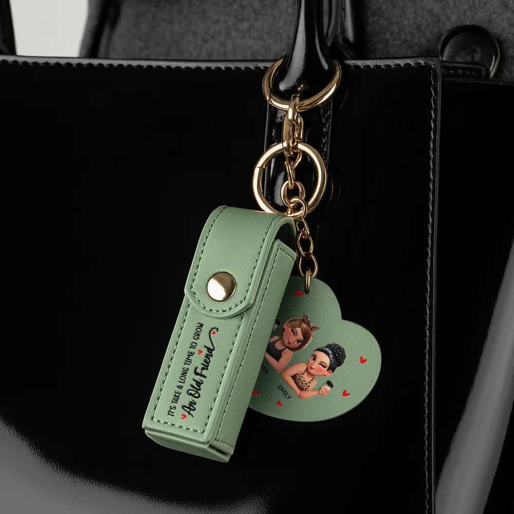 Gift For Bestie, Old Best friends - Besties Forever - Personalized Leather Lipstick Case Keychain With Mirror
