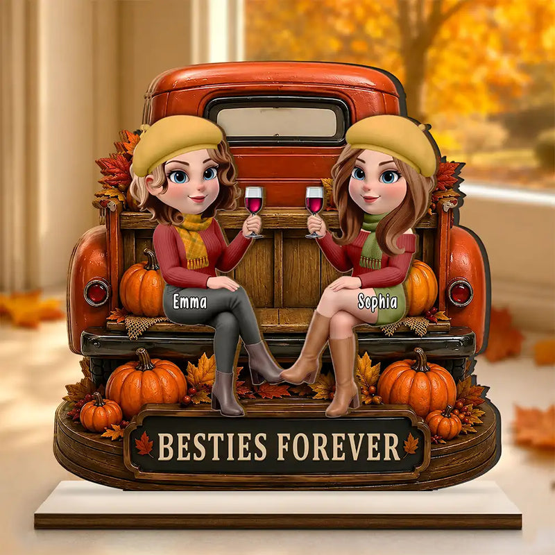 Gift For Bestie,Cozy,Vector - Besties Forever Fall Truck - Personalized Custom Shaped Wooden Plaque
